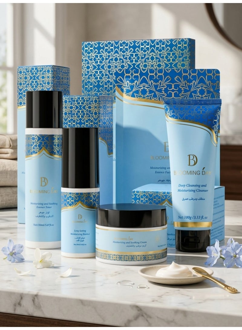 Blooming Day Moisturizing Skincare Bundle | 5-Step Daily Hydration Routine | Cleanser, Toner, Essence Serum, Face Cream & Hydrating Sheet Mask | 5-Piece Set - Image 1
