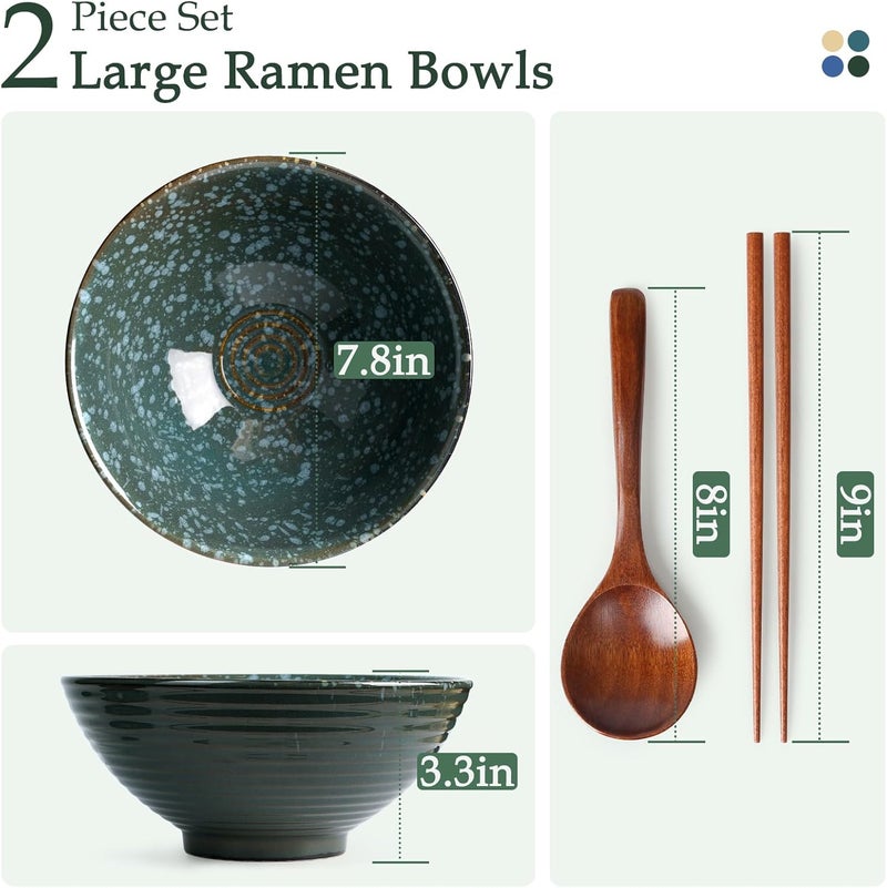NUTRIUPS 8 Inch Ceramic Ramen Bowl Set of 2 Pho Bowls Japanese Noodle Udon Soup Bowls with Spoons and Chopsticks Emerald - Image 2