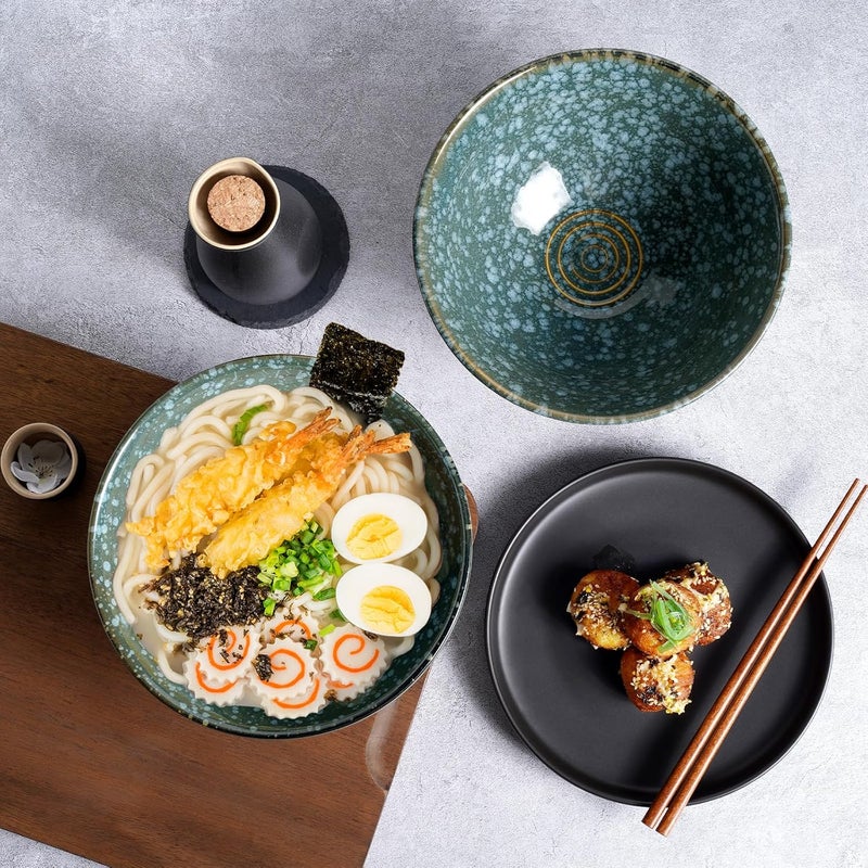 NUTRIUPS 8 Inch Ceramic Ramen Bowl Set of 2 Pho Bowls Japanese Noodle Udon Soup Bowls with Spoons and Chopsticks Emerald - Image 3