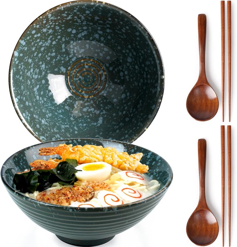 NUTRIUPS 8 Inch Ceramic Ramen Bowl Set of 2 Pho Bowls Japanese Noodle Udon Soup Bowls with Spoons and Chopsticks Emerald - Image 1
