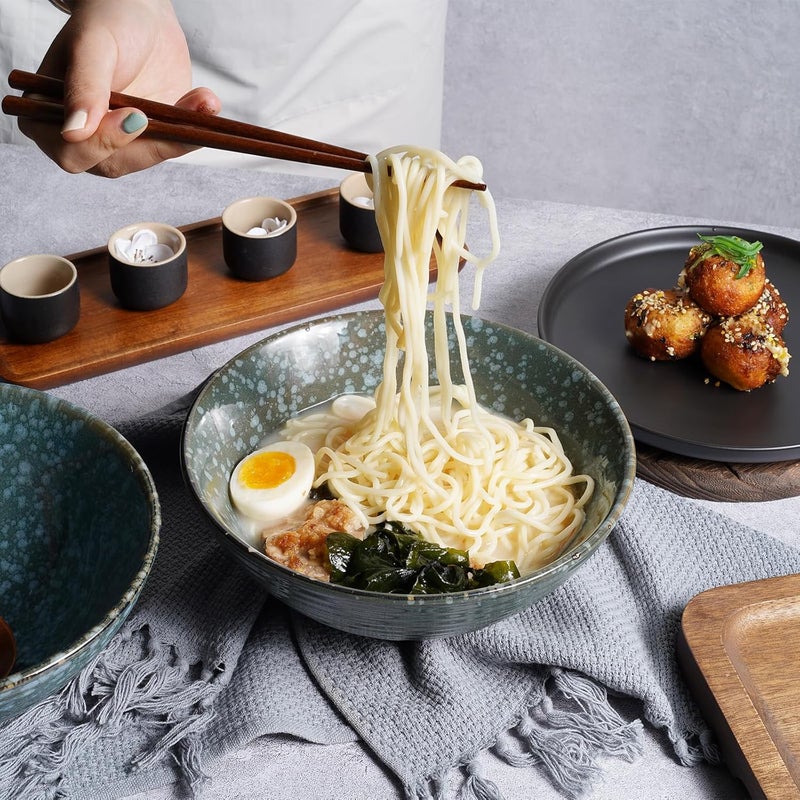 NUTRIUPS 8 Inch Ceramic Ramen Bowl Set of 2 Pho Bowls Japanese Noodle Udon Soup Bowls with Spoons and Chopsticks Emerald - Image 5