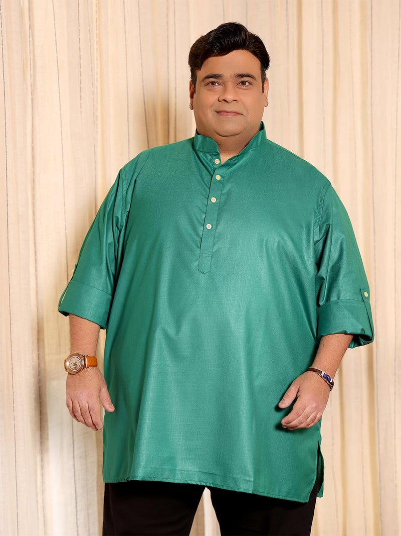 Bigbanana Plus Size Men's Regular Fit Solid Short Kurta (Pollan-Green,Green,4XL) - Image 3