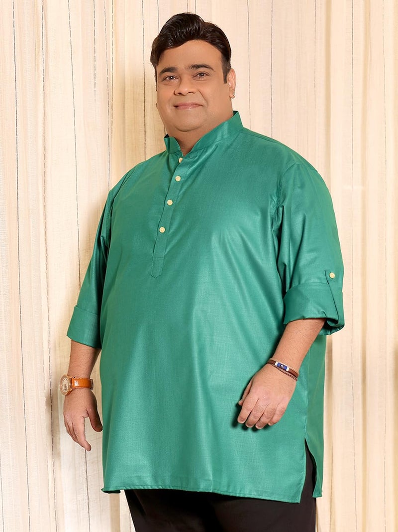 Bigbanana Plus Size Men's Regular Fit Solid Short Kurta (Pollan-Green,Green,4XL) - Image 2