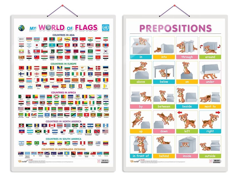 GoWoo Set of 2 My World of Flags and PREPOSITIONS Early Learning Educational Charts for Kids | 20"X30" inch |Non-Tearable and Waterproof | Double Sided Laminated | Perfect for Homeschooling, Kindergarten and Nursery Students - Image 1
