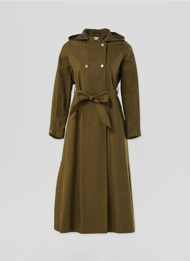Kayra Belted Long Trench Coat Khaki