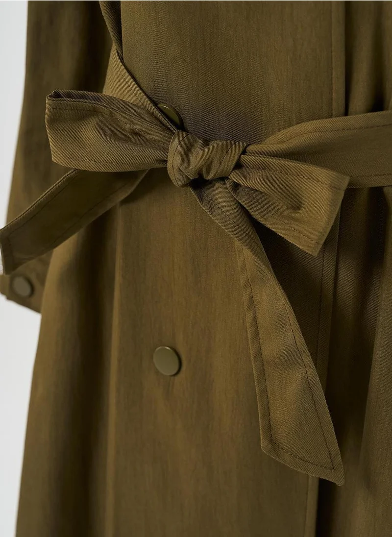 Kayra Belted Long Trench Coat Khaki