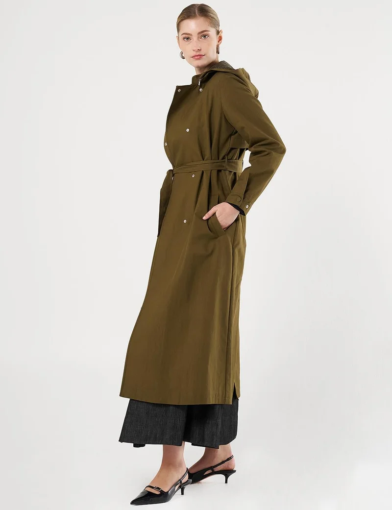 Kayra Belted Long Trench Coat Khaki