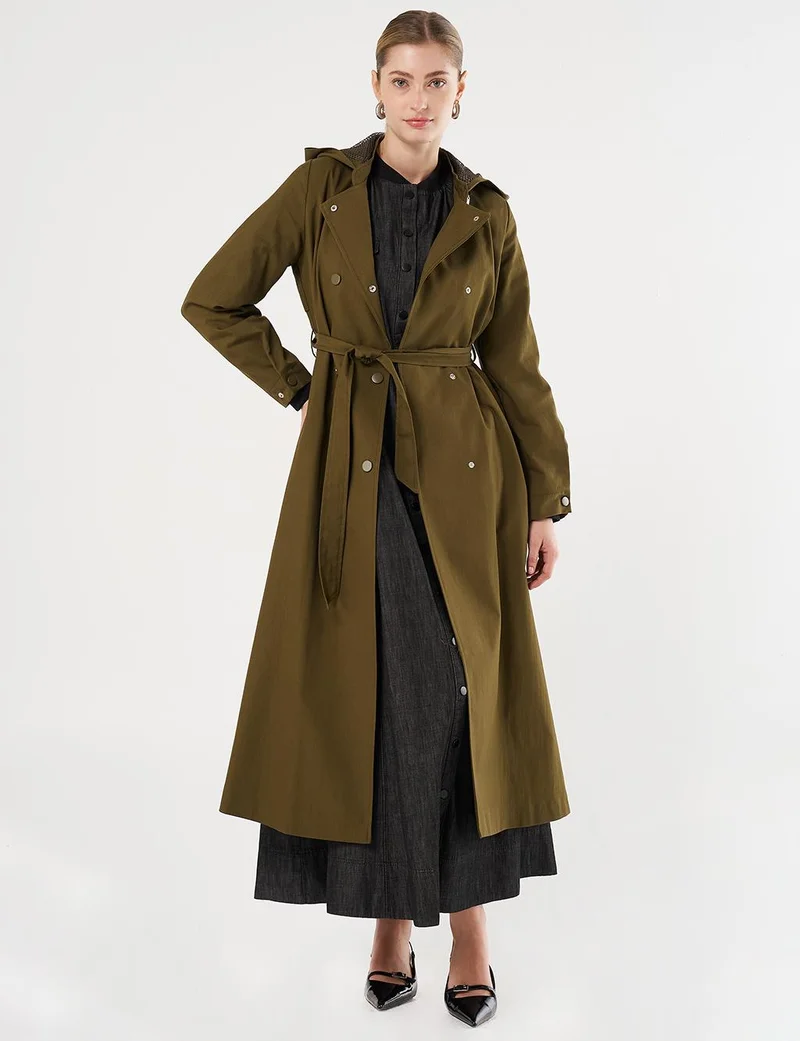 Kayra Belted Long Trench Coat Khaki
