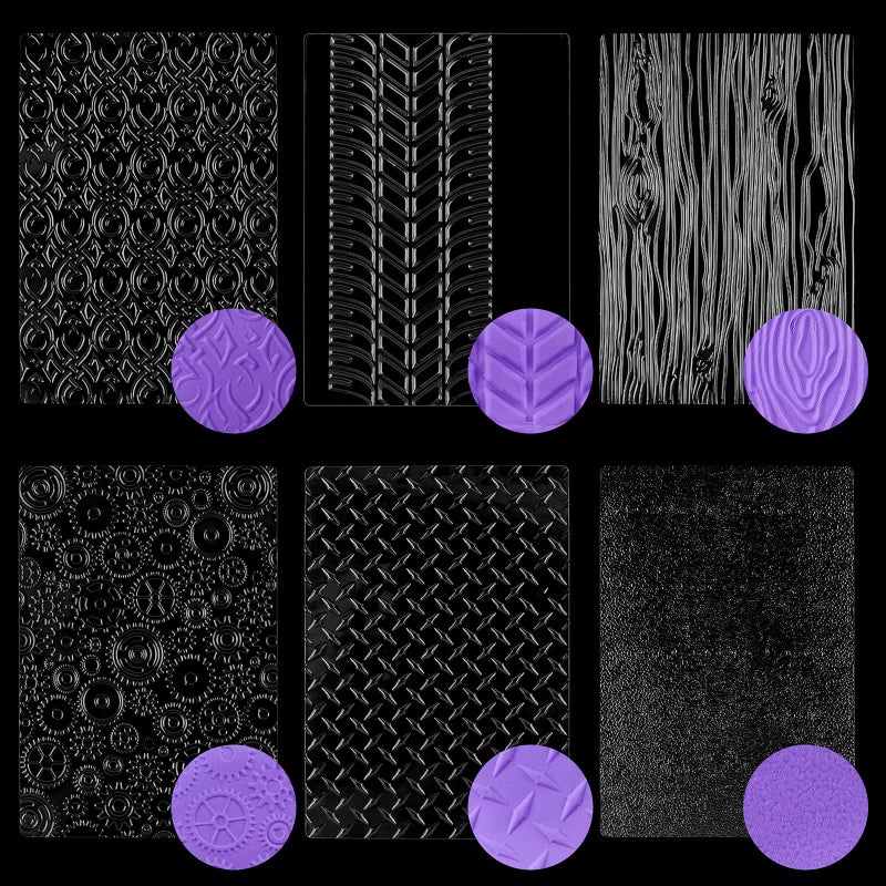 Ocmoiy 6 Pack Fondant Texture Mats Tire Tread Track Wood Grain Fondant Molds for Clay Chocolate Fondant Embossed Cake Decoration Mold