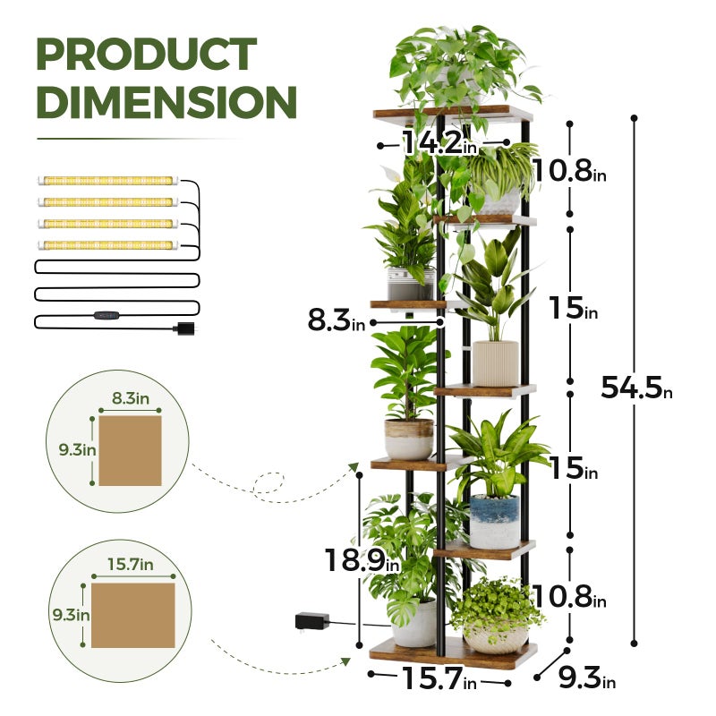 Bamworld Plant Stand with Grow Light for Indoor Plants Corner 7 Tier Metal Plant Shelf Wood Flower Stand for Home Living Room Decor Patio Decor - Image 3