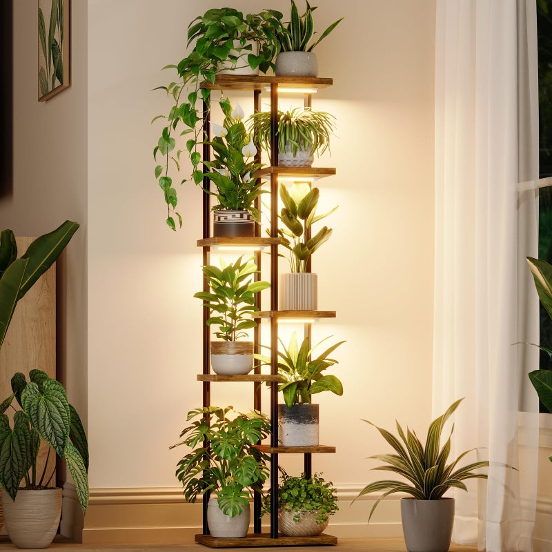 Bamworld Plant Stand with Grow Light for Indoor Plants Corner 7 Tier Metal Plant Shelf Wood Flower Stand for Home Living Room Decor Patio Decor - Image 1