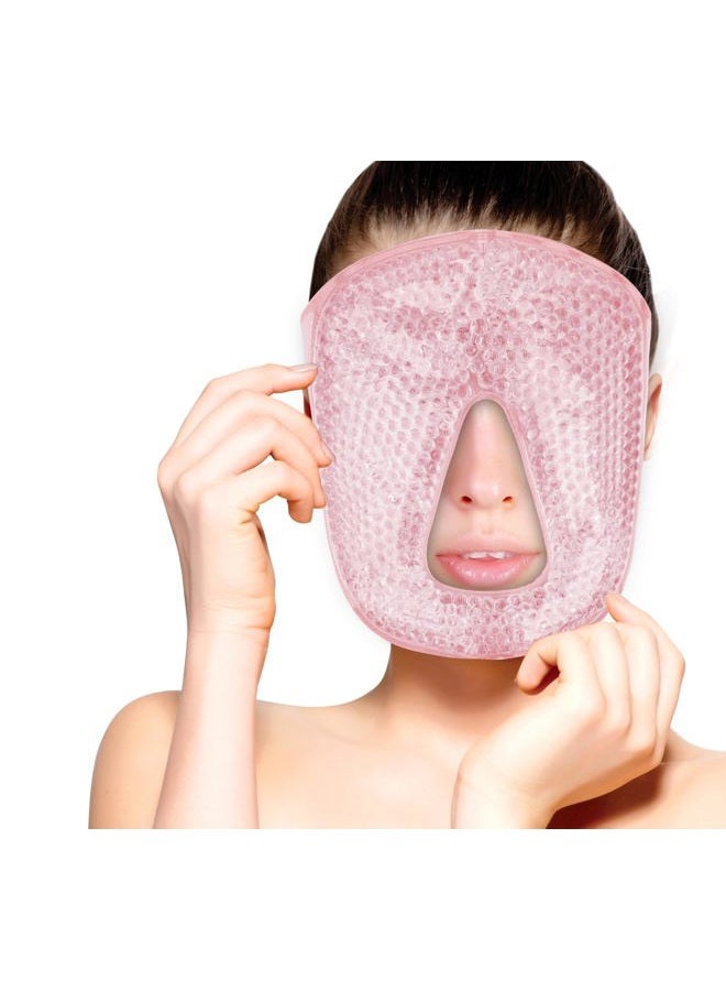 FOMI Hot and Cold Therapy Gel Bead Full Facial Mask Care | Ice Face Mask for Migraine Headache, Stress Relief | Reduces Eye Puffiness, Dark Circles | Fabric Back (Full Face w/o Eye Holes Pink) - Image 1