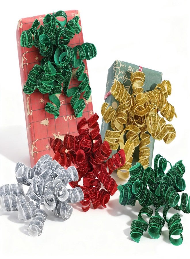 MADHOLLY 12Pcs 6.3" Self Adhesive Christmas Curly Bows for Gift Wrapping - Velvet Glitter Silver Gold Red Green Christmas Ribbon Bows for Holiday Presents, Gift Bags, Tree Wreath Decorations - Image 1