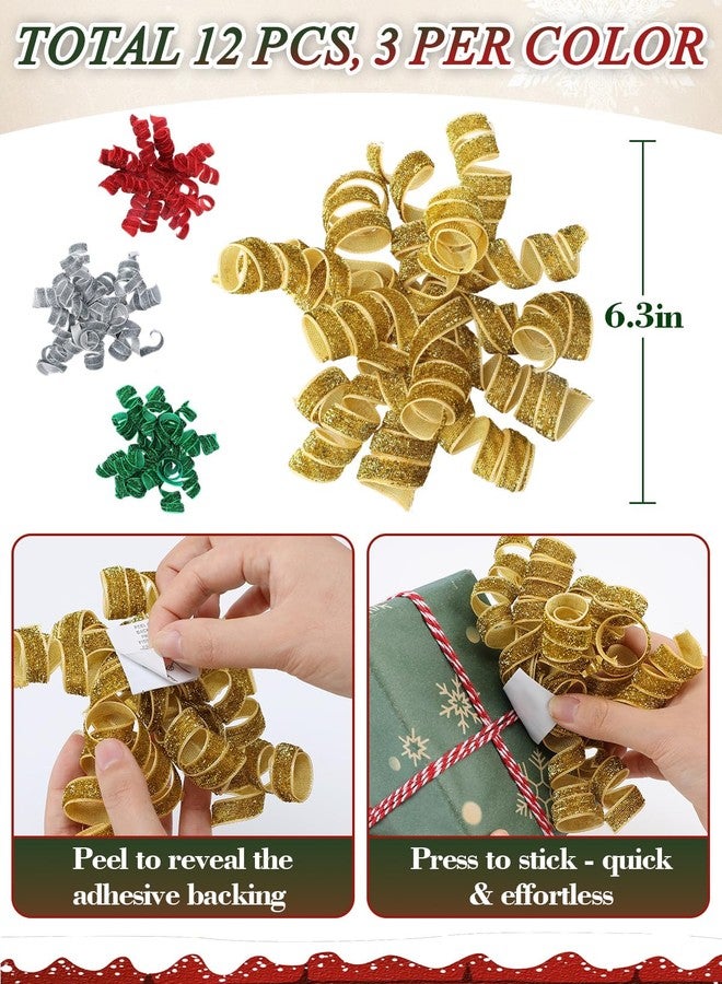 MADHOLLY 12Pcs 6.3" Self Adhesive Christmas Curly Bows for Gift Wrapping - Velvet Glitter Silver Gold Red Green Christmas Ribbon Bows for Holiday Presents, Gift Bags, Tree Wreath Decorations - Image 5