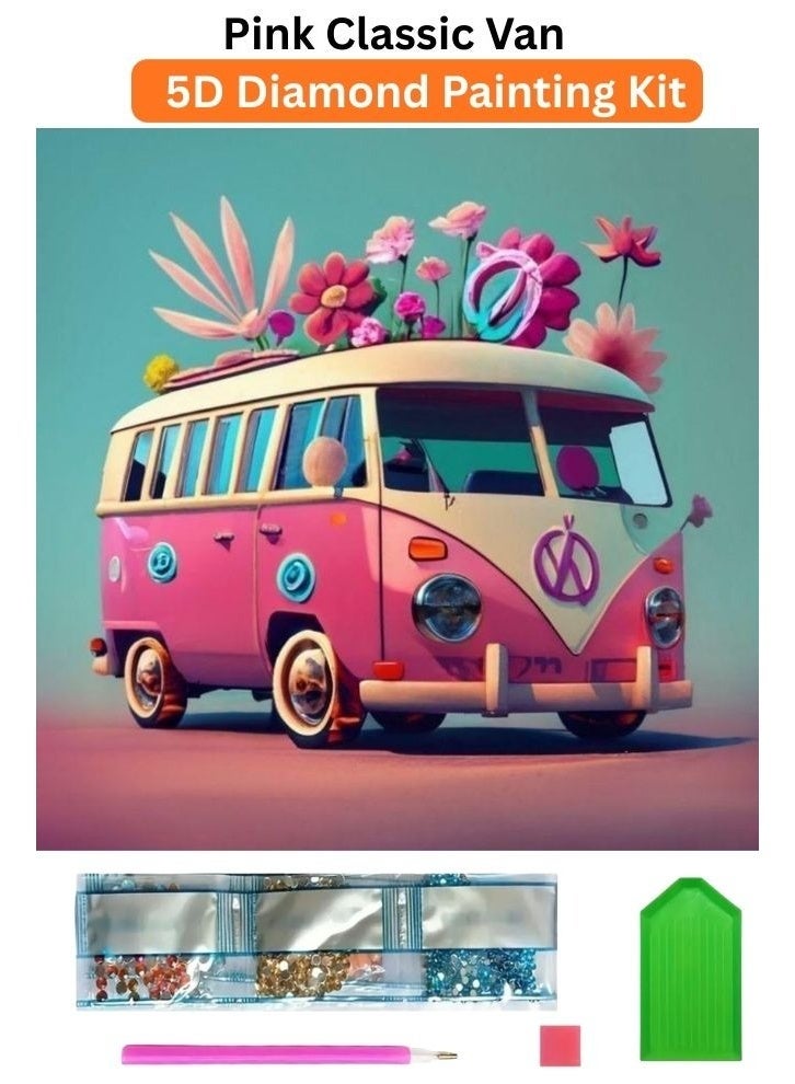 طقم رسم بالألماس خماسي الأبعاد، مناسب للأطفال والكبار، لتزيين الجدران، تصميم شاحنة كلاسيكية وردية، ألماس أكريليك، قماش لاصق بإطار خشبي، طقم فني مريح، 20×20 سم - Image 1