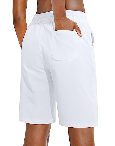 Viodia Women's Bermuda 10" Long Shorts with Pockets Cotton Sweat Lounge Shorts for Women Jersey Athletic Knee Length Shorts for Summer White - Image 3