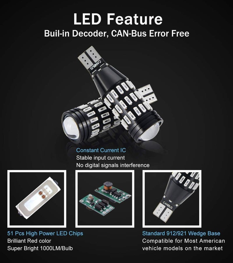 BRISHINE 1500 Lumens Extremely Bright Canbus Error Free 921 912 906 904 T15 W16W LED Bulbs 51-SMD 4014 LED Chipsets with Projector for Center High Mount Stop Brake Lights, Brilliant Red (Pack of 2) - Image 4