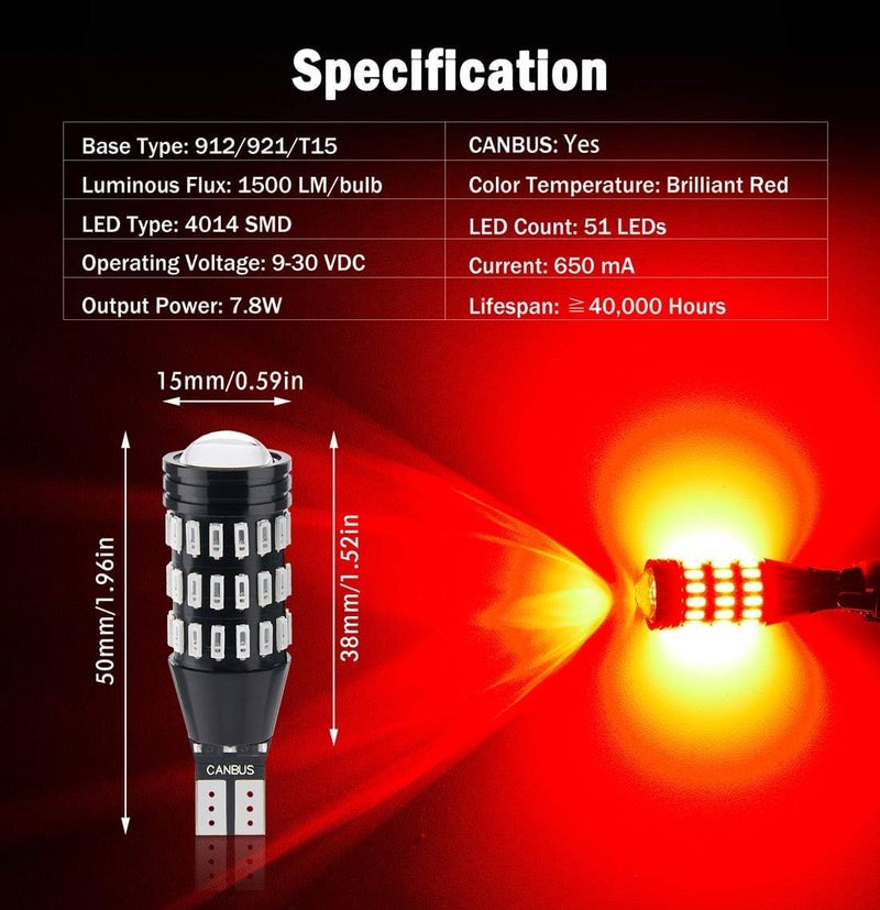 BRISHINE 1500 Lumens Extremely Bright Canbus Error Free 921 912 906 904 T15 W16W LED Bulbs 51-SMD 4014 LED Chipsets with Projector for Center High Mount Stop Brake Lights, Brilliant Red (Pack of 2) - Image 3