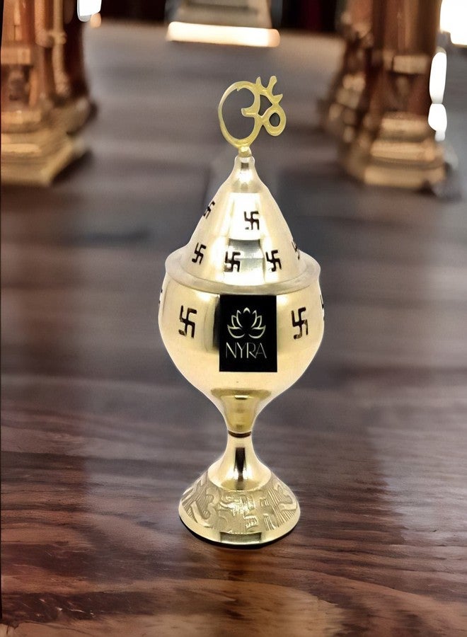 Nyra® Pure Brass Gold Jali Akhand Jyoti Deep with Stand, Cover and Om Swastik Diya for Puja Oil Lamp Tea Light Holder Lantern Diya Stand for Puja (Small) - Image 2