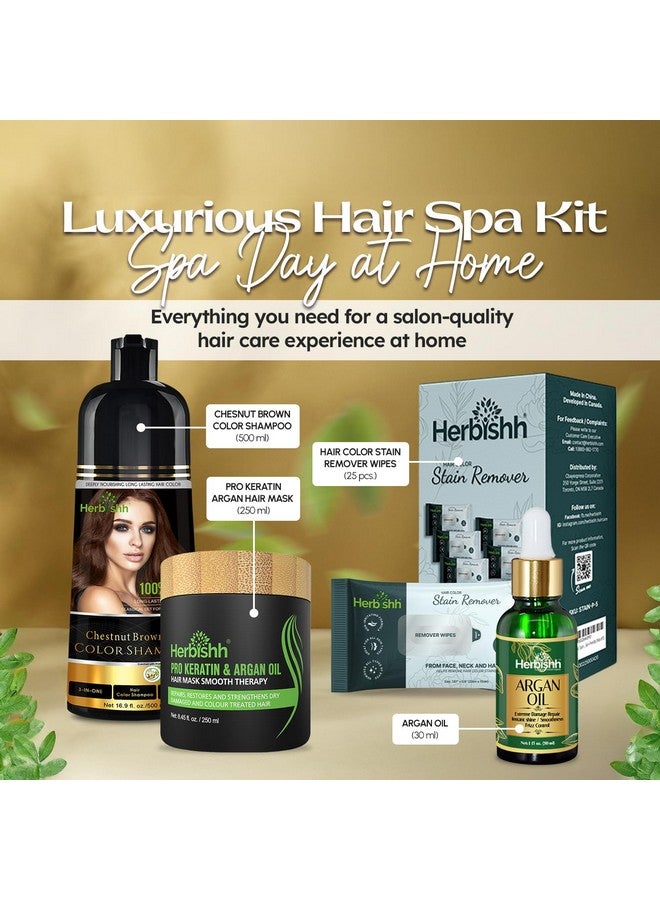 Herbishh 4-In-1 Hair Care Gift Set For Women & Men, Chestnut Brown Hair Dye Shampoo, Stain Remover Wipes, Argan Hair Mask & Hair Oil - Perfect Gift For Parent, Christmas, Birthdays & Special Occasion
