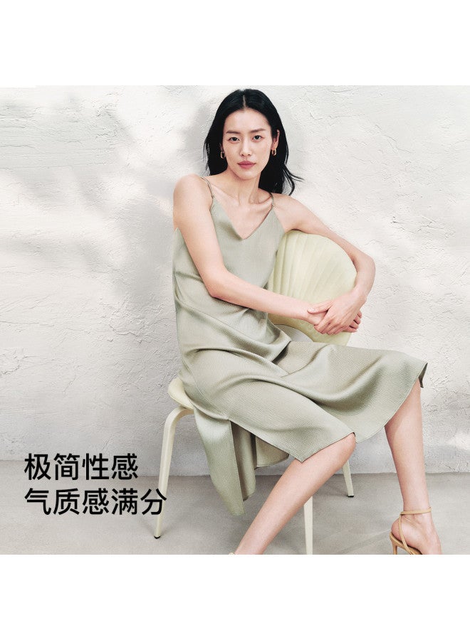 ubras Mulberry Silk Pearl Satin Textured Slip Dress High Slit Dress For Women - Image 3