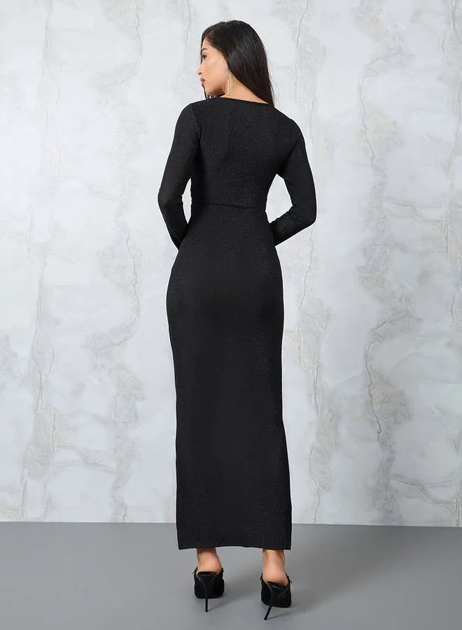 Styli Styli Shimmered Look Sheath Maxi Dress with Knot Detail