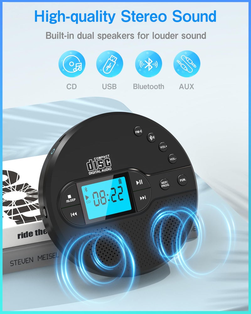 Sunoony Portable CD Player with Bluetooth, Walkman CD Player with FM Transmitter and Speakers for Car, Rechargeable Discman CD Player with Anti-Skip Protection, Headphones, LCD Display (Black) - Image 2