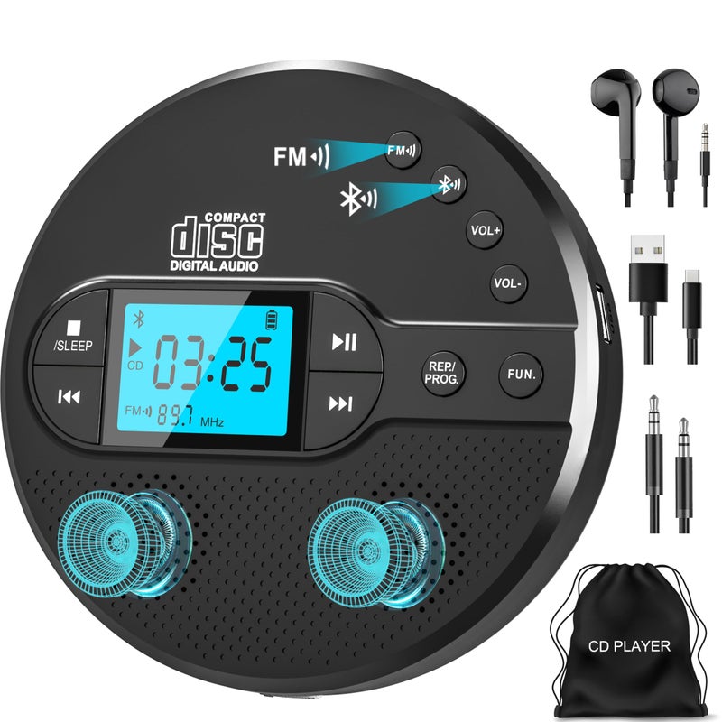 Sunoony Portable CD Player with Bluetooth, Walkman CD Player with FM Transmitter and Speakers for Car, Rechargeable Discman CD Player with Anti-Skip Protection, Headphones, LCD Display (Black) - Image 1