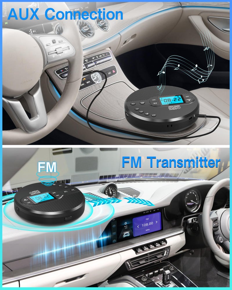 Sunoony Portable CD Player with Bluetooth, Walkman CD Player with FM Transmitter and Speakers for Car, Rechargeable Discman CD Player with Anti-Skip Protection, Headphones, LCD Display (Black) - Image 3