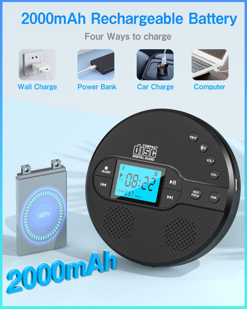 Sunoony Portable CD Player with Bluetooth, Walkman CD Player with FM Transmitter and Speakers for Car, Rechargeable Discman CD Player with Anti-Skip Protection, Headphones, LCD Display (Black) - Image 4