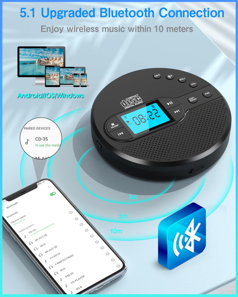 Sunoony Portable CD Player with Bluetooth, Walkman CD Player with FM Transmitter and Speakers for Car, Rechargeable Discman CD Player with Anti-Skip Protection, Headphones, LCD Display (Black) - Image 5