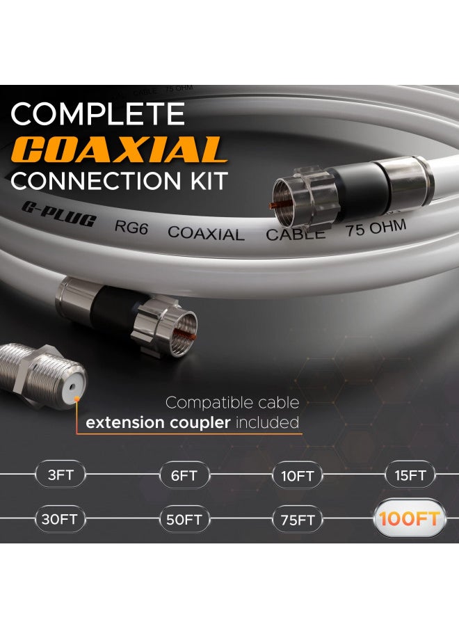 G-PLUG G-PLUG 100FT RG6 Coaxial Cable Connectors Set High-Speed Internet, Broadband and Digital TV Aerial, Satellite Cable Extension Weather-Sealed Double Rubber O-Ring and Compression Connectors White  - Image 1