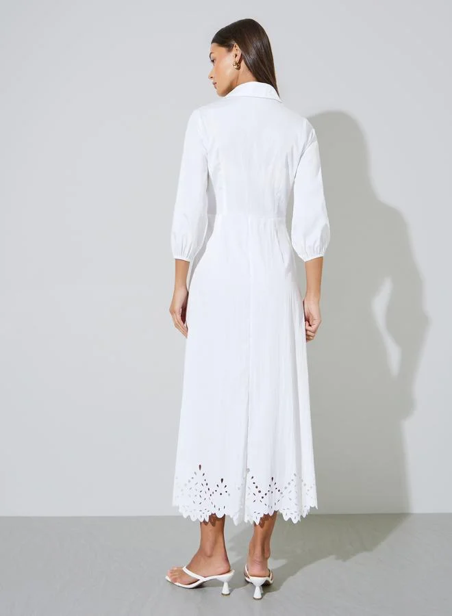 Styli  White Solid Schiffli Details 3/4 Sleeves A-Line Maxi Dress for Women | Best Price UAE