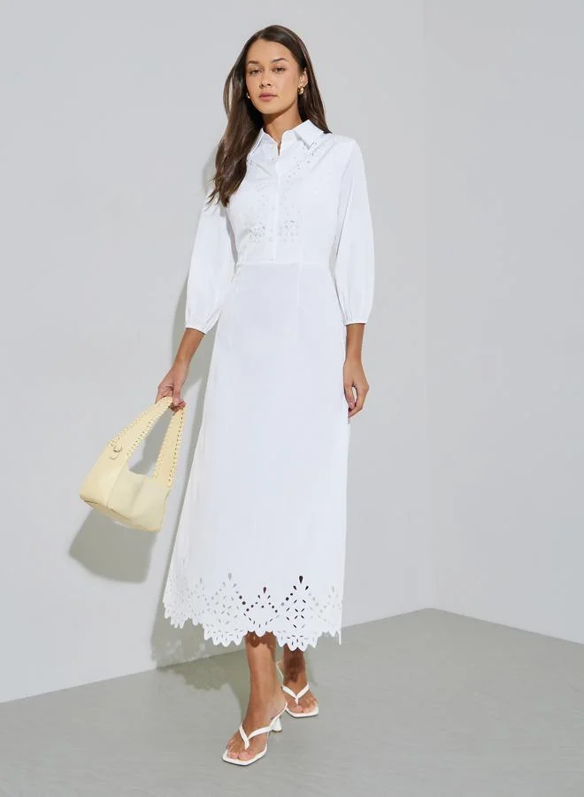 White Solid Schiffli Details 3/4 Sleeves A-Line Maxi Dress