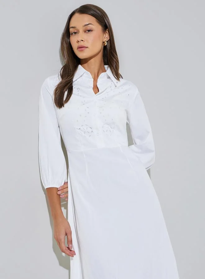 Styli  White Solid Schiffli Details 3/4 Sleeves A-Line Maxi Dress for Women | Best Price UAE