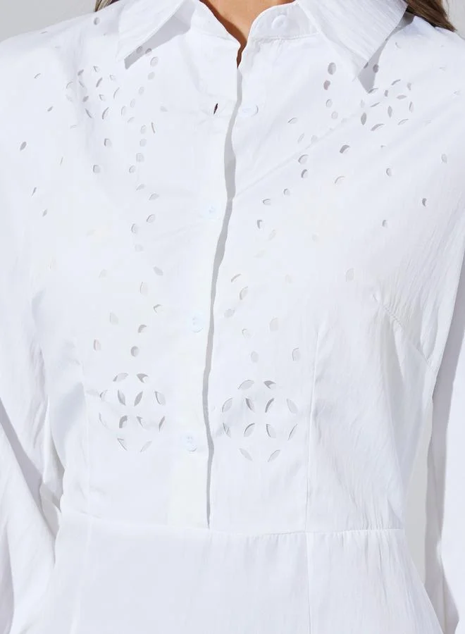 Styli  White Solid Schiffli Details 3/4 Sleeves A-Line Maxi Dress for Women | Best Price UAE