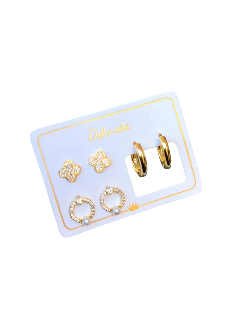 Delicate Set of 3 Pairs Gold-Plated Elegant Earrings – Stylish and Versatile Design - Image 1