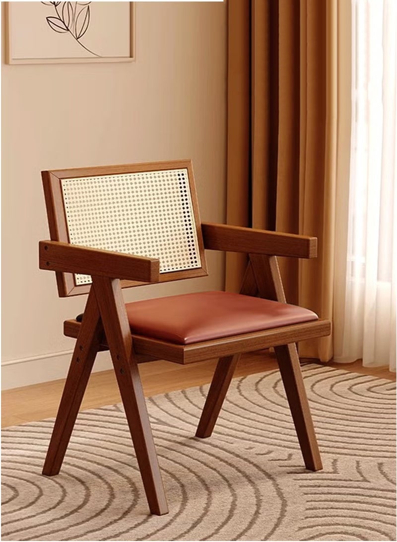 شو وو كرسي شانديغار العتيق - مقعد من جلد البولي يوريثان وظهر بنقشة ريش، كرسي طعام عصري من منتصف القرن، مناسب لغرفة المعيشة أو المقهى أو المكتب - بني غامق، 51×54×83 سم - Image 1