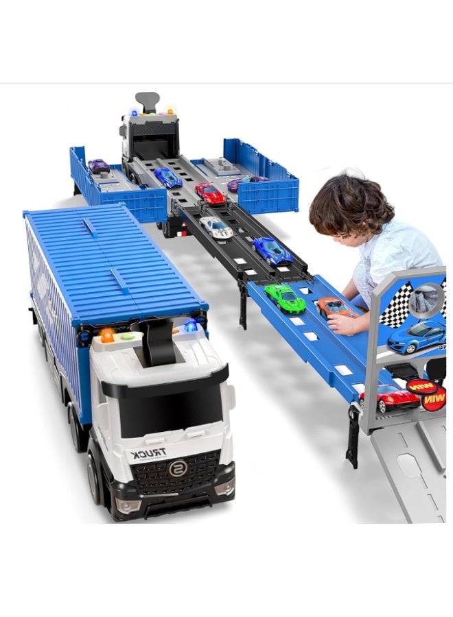 Truck Race Track Toddlers Toys, Foldable 3 Layer Car Race Track Playset, Toy Truck Transport Car Carrier & 8 Race Cars, Truck Car Kids Toys Xmas Gifts for Age 3 4 5 6+ Years Old Boys Girls - Image 1