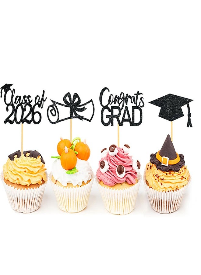 Moitkptt 2026 Graduation Theme Cupcake Toppers Glitter Class of 2026 Graduation Cap Diploma Cupcake Picks - Set of 24 (Black) - Image 4