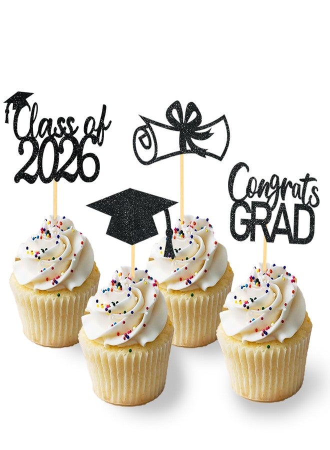 Moitkptt 2026 Graduation Theme Cupcake Toppers Glitter Class of 2026 Graduation Cap Diploma Cupcake Picks - Set of 24 (Black) - Image 1