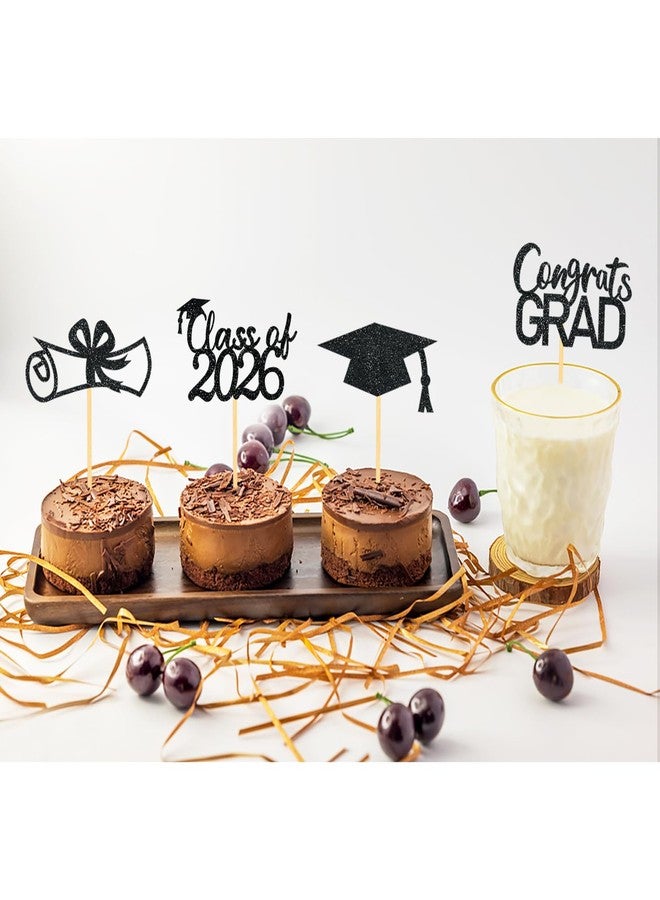 Moitkptt 2026 Graduation Theme Cupcake Toppers Glitter Class of 2026 Graduation Cap Diploma Cupcake Picks - Set of 24 (Black) - Image 2