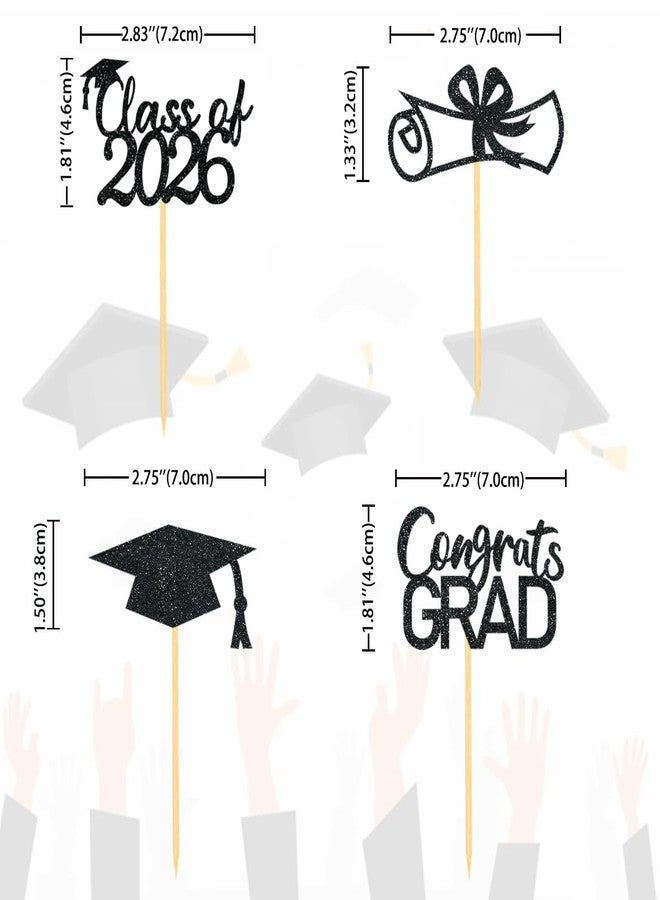 Moitkptt 2026 Graduation Theme Cupcake Toppers Glitter Class of 2026 Graduation Cap Diploma Cupcake Picks - Set of 24 (Black) - Image 3
