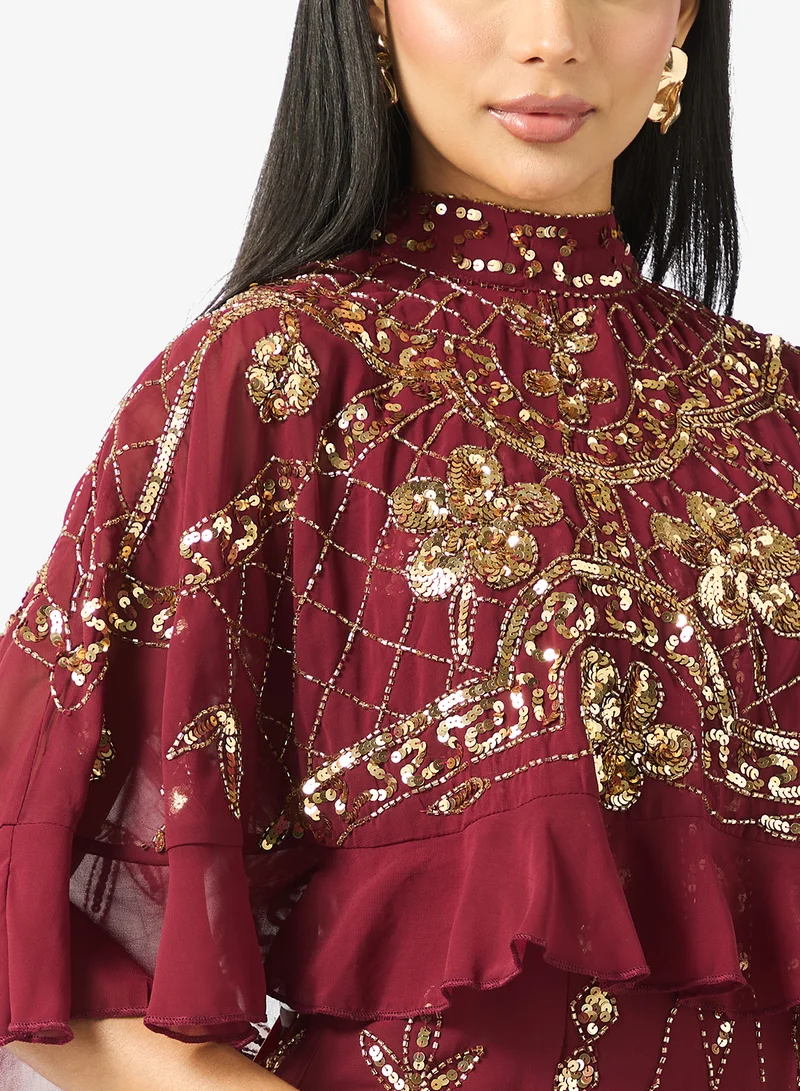 Frock and Frill Embellished High Neck Frilled Maxi Dress