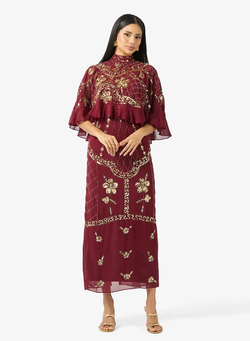 Frock and Frill Embellished High Neck Frilled Maxi Dress