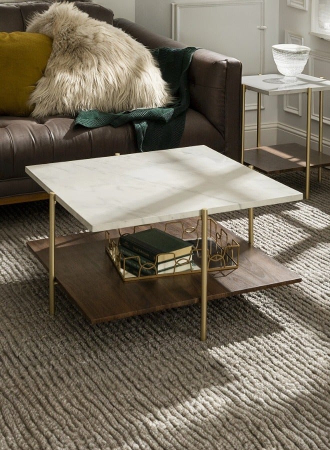 woodx Modern Coffee Table with Faux Marble Top and Walnut Shelf - Gold Metal Frame  - Image 3