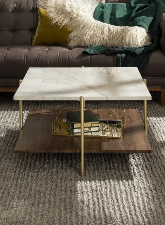 woodx Modern Coffee Table with Faux Marble Top and Walnut Shelf - Gold Metal Frame  - Image 2