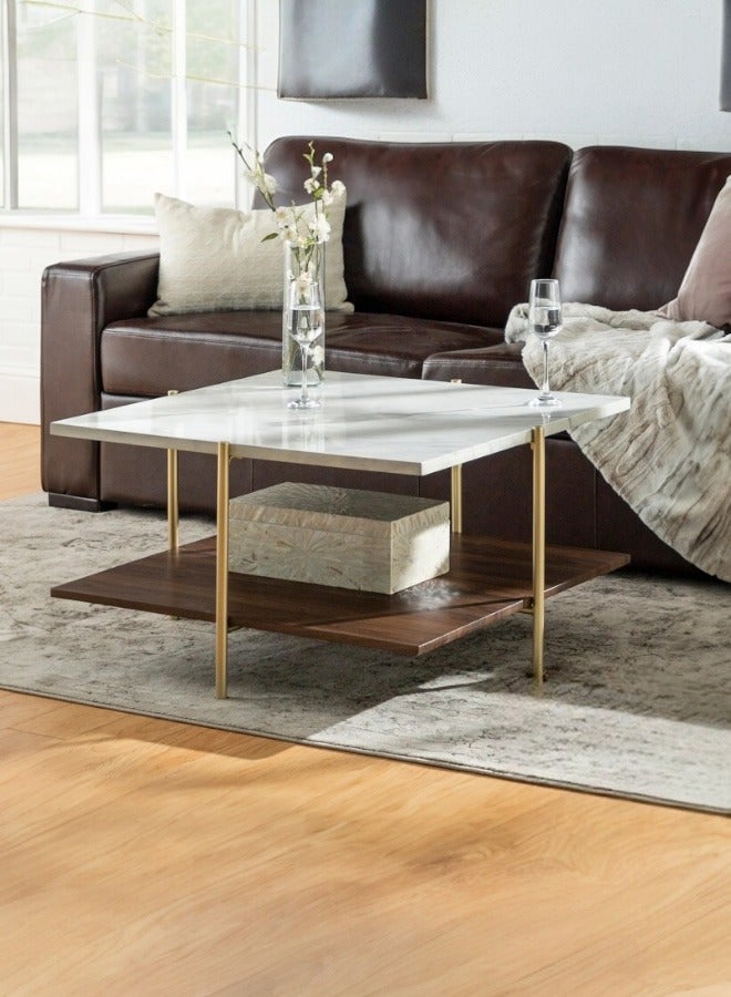 woodx Modern Coffee Table with Faux Marble Top and Walnut Shelf - Gold Metal Frame  - Image 1