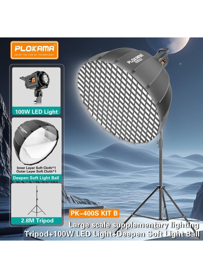 PLOKAMA PK-400S KIT B – Professional 100W LED Studio Light with Deep Soft Light Ball & 2.8M Tripod for Photography & Video - Image 1