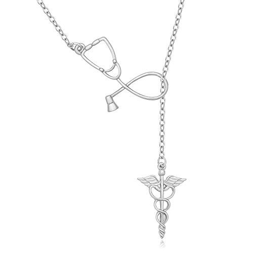 MANZHEN Medicine Stethoscope Caduceus Lariat Necklace for Doctor Nurse (silver) - Image 1